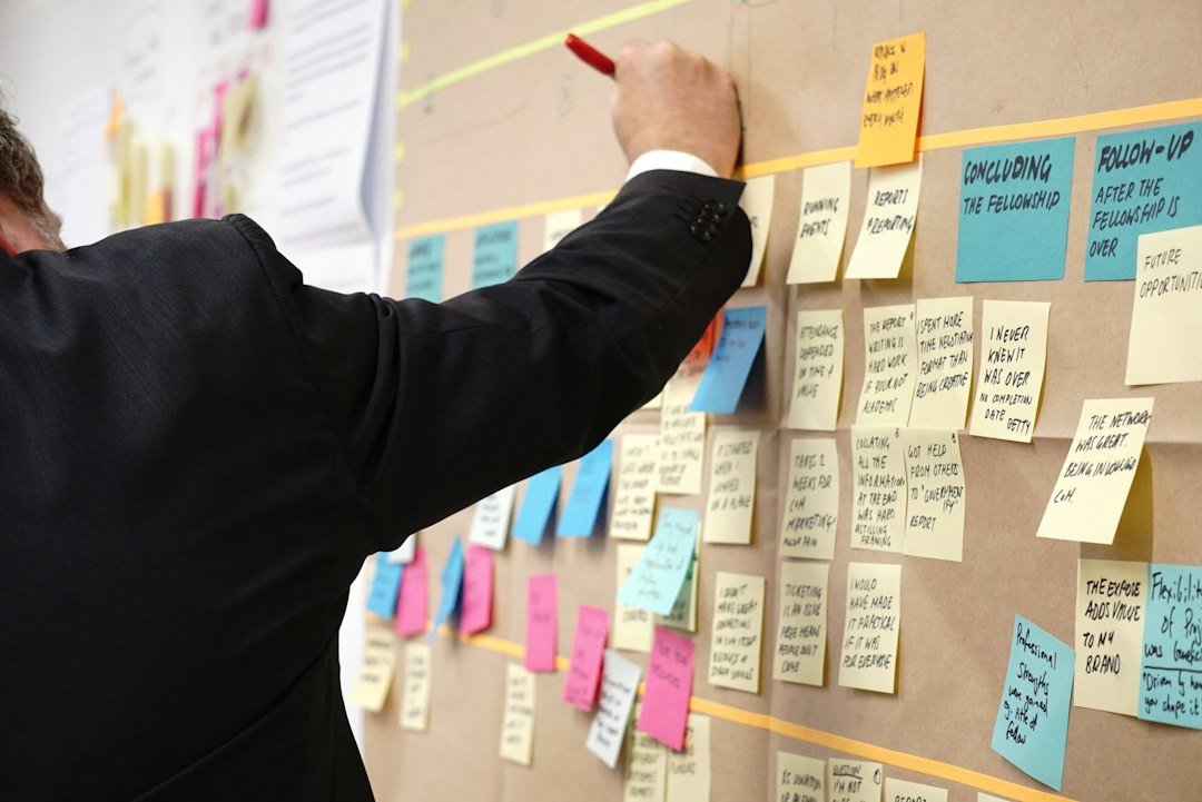 Sticky notes used to map business processes during an ERP implementation workshop